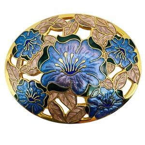 Blue and Gold Floral Cloisonné Brooch